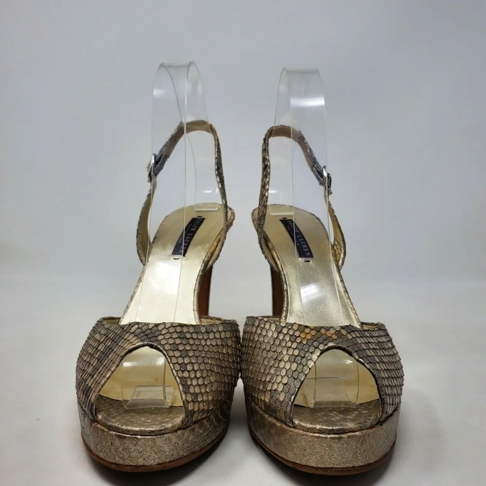 Ralph Lauren Snake Print Buckle Metallic Heels